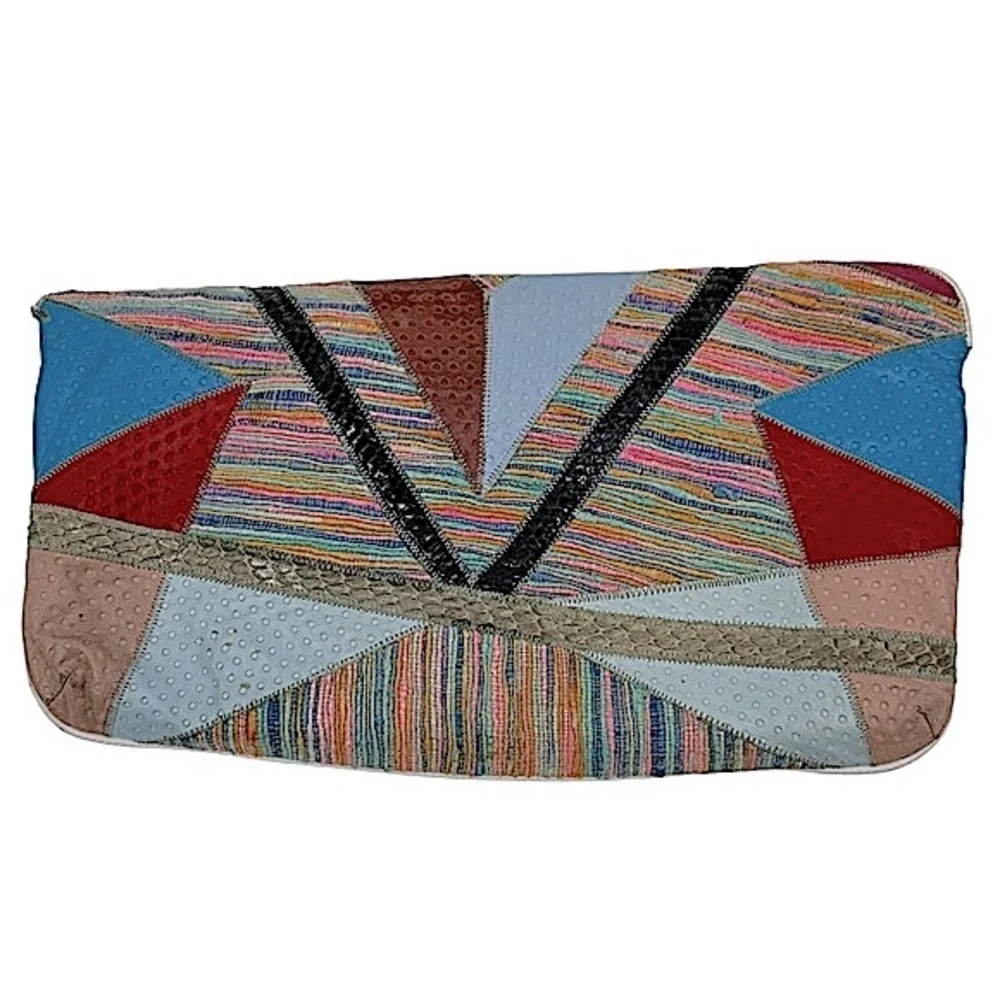 Vintage 80s Leather Snakeskin Textile Clutch Bag Multi‎ Color Flap Front Purse